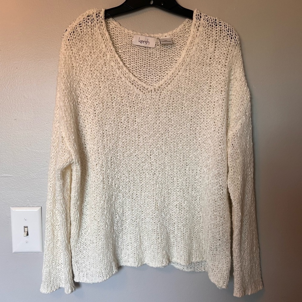 Women’s V-Neck Lightweight Open-Knit Pullover Sweater‎ Ivory Size Medium Coastal